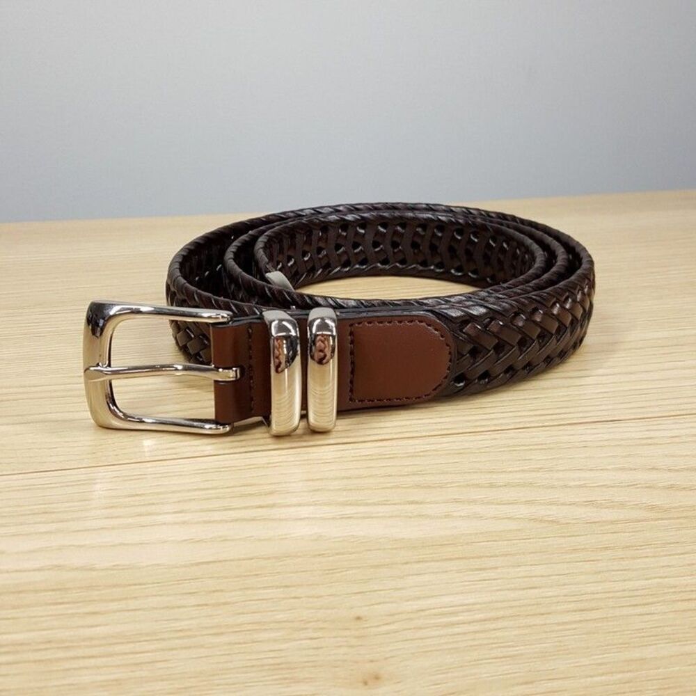 PERRY ELLIS Mens Belt Size 42 Brown Braided Bonded Leather Silver Tone Hardware